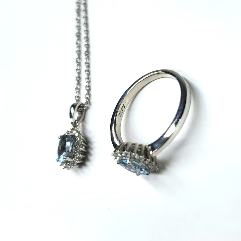 Aquamarine Halo Ring & Necklace Set Sterling Silver Platinum NWT 7